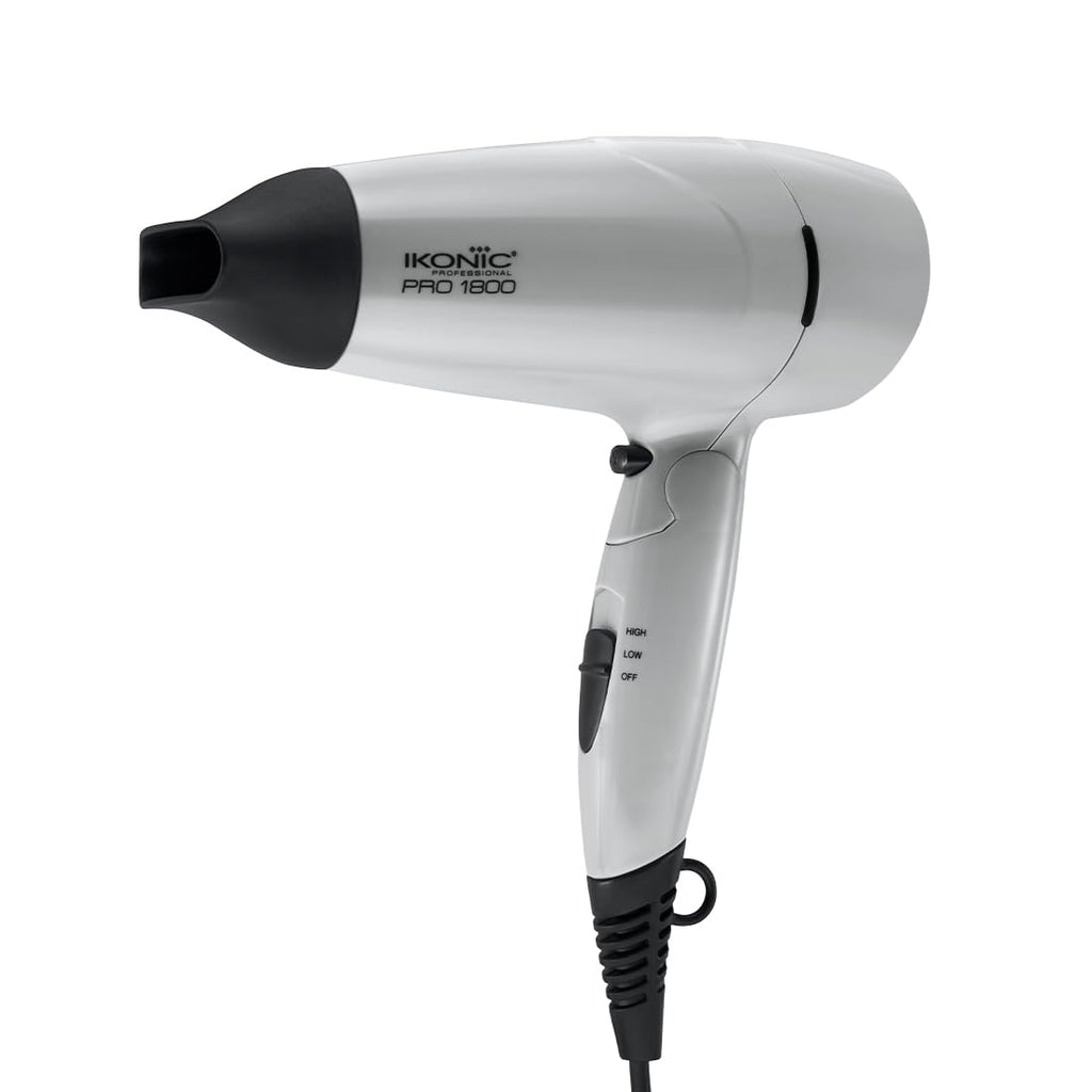 IKONIC 1800 Pro Hair Dryer Grey 2-Speed Temperature Settings with Cool Shot One Nozzle for Concentrated Airflow Spiral Device Cable Folding Design Travel Friendly, 1800Watt All Hair Type