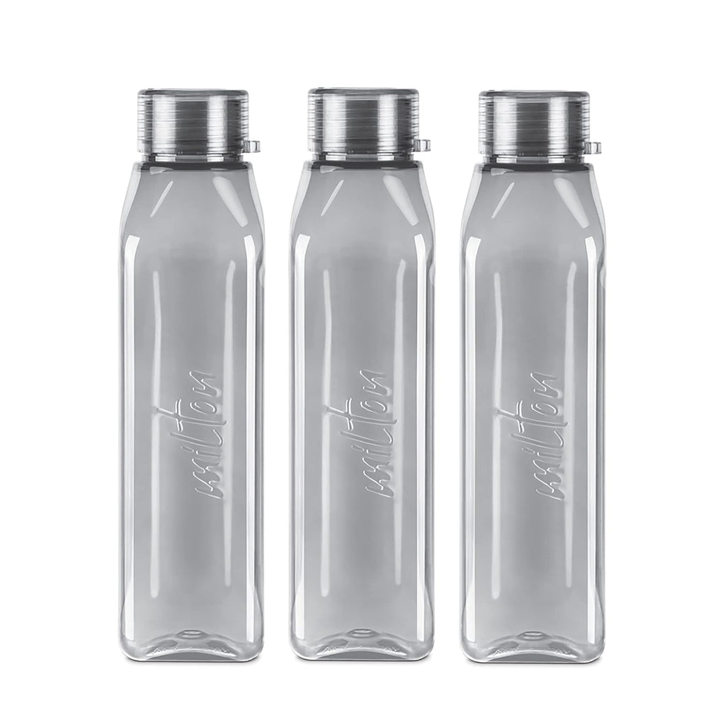 MILTON Prime Water Bottles Pack of 3, 1 Litre Each, Grey, Reusable Plastic Fridge Bottle Set, BPA Free and Leak Proof Waterbottles for School, Travel, Work