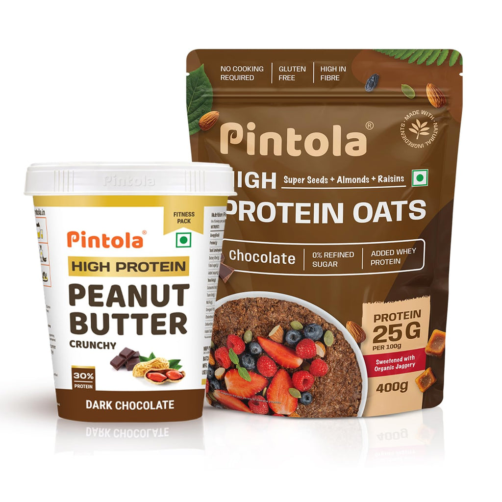 Pintola High-Protein Combo: Dark Chocolate Crunchy Peanut Butter 510g & 22g High Protein Dark Chocolate Oats 400g | No Refined Sugar, Gluten-Free | With Almonds, Raisins, Pumpkin & Chia Seeds
