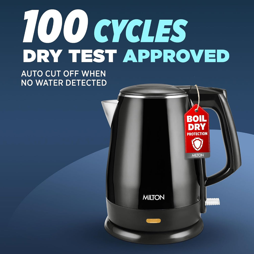 MILTON Riga Stainless Steel Electric Kettle 1.5L I 1500W Fast Boiling | Boil Dry Protection I Auto Cut-Off I Double Wall Body With Cool-touch Handle I SS304 Steel I 1 Year Warranty I Black