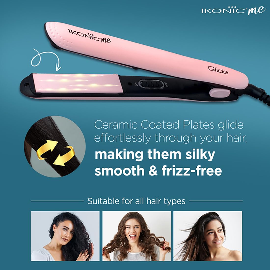 Ikonic Glide Hair Straightener | Ceramic Coated Floating Plates | Quick Heat Up | Switch Light Indicator |Compact Design | Travel Friendly | for All Hair Types, Peach