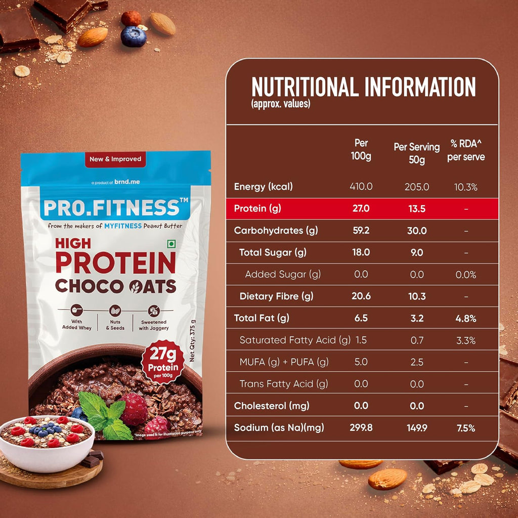 Pro.Fitness 27g High Protein Oats (By MyFitness) | Dark Chocolate Oats with Almonds, Pumpkin Seeds and Raisin | Chocolate Rolled Oats with Jaggery - No...