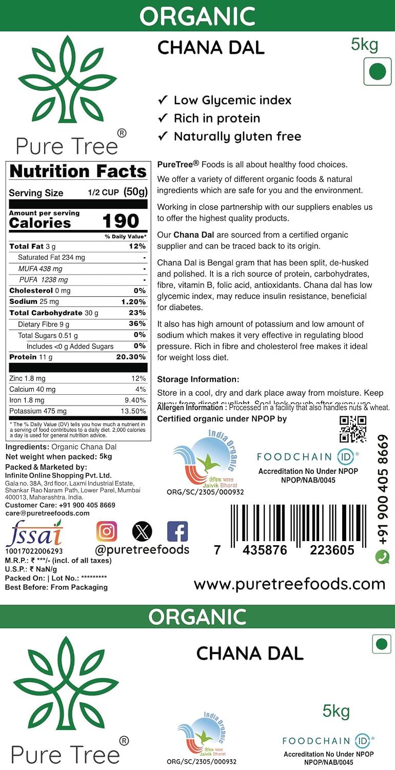 Pure Tree Certified Organic Chana Dal | 5 Kg