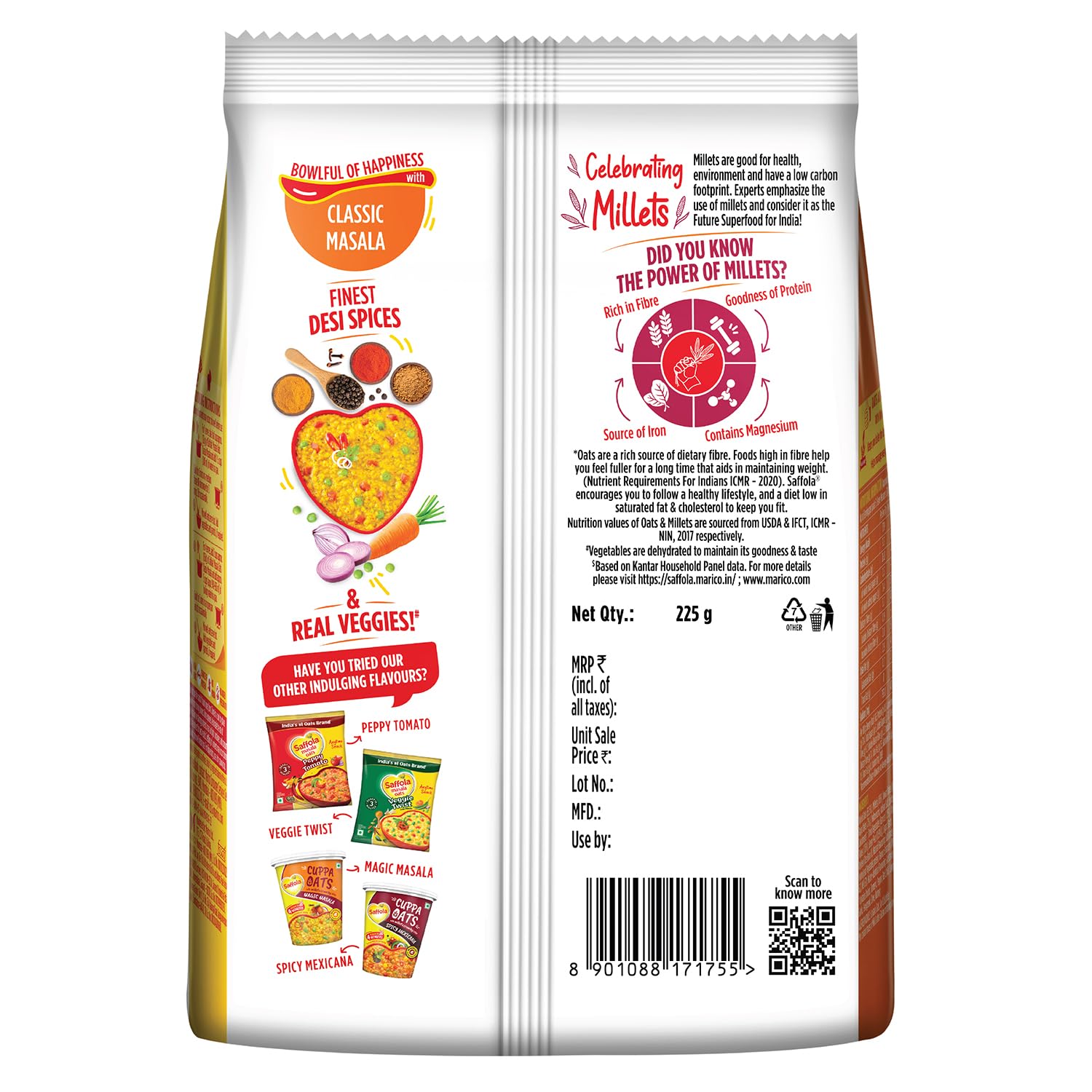 Saffola Masala Oats Classic Masala | 250g |Tasty, Anytime Snack | Ready in 3 mins | Millets Goodness- with Bajra & Jowar | No maida, No added preservatives | helps manage weight