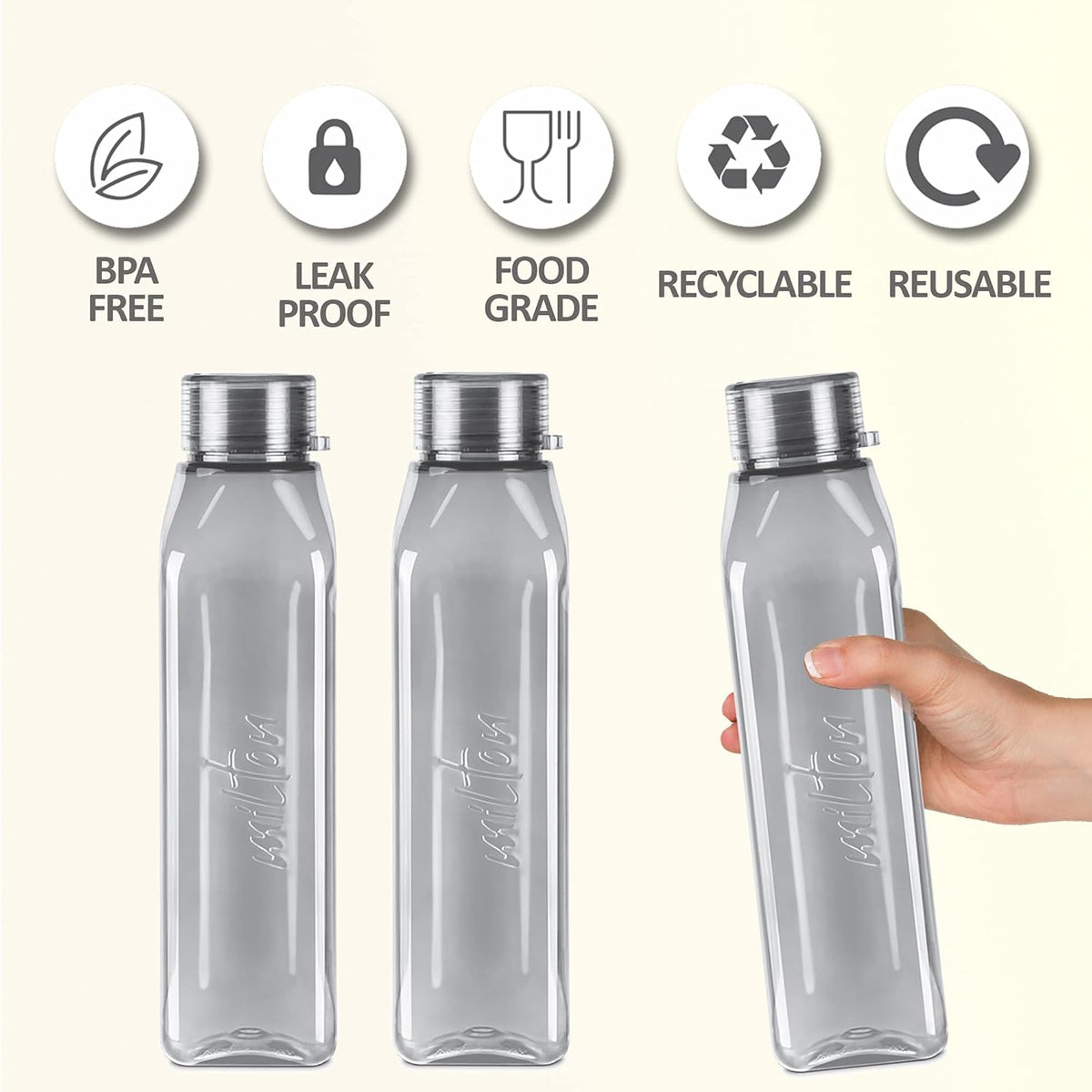MILTON Prime Water Bottles Pack of 3, 1 Litre Each, Grey, Reusable Plastic Fridge Bottle Set, BPA Free and Leak Proof Waterbottles for School, Travel, Work