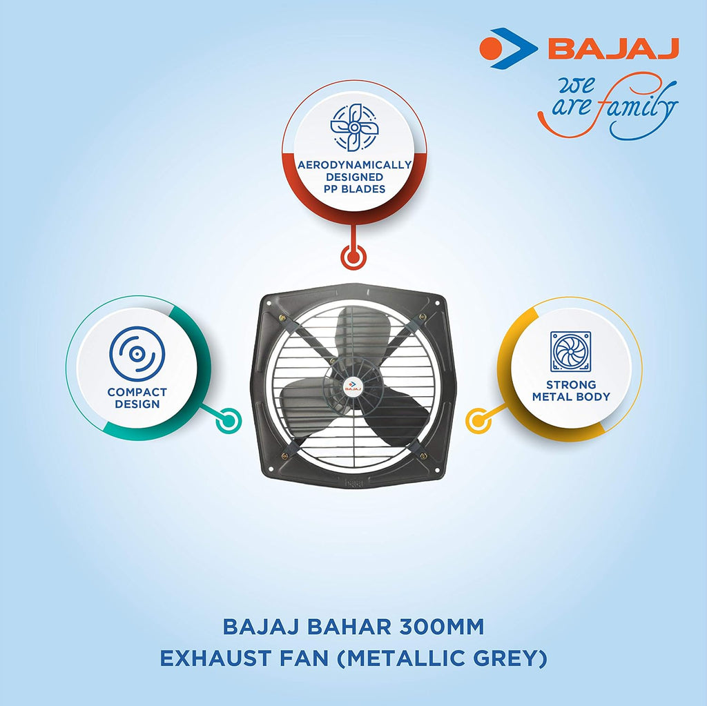 Bajaj Bahar Fresh 300 MM Exhaust Fan | Strong Metal Body And Blades | 100% Copper Motor | High Speed | Rust Proof Body And Blades | 2 Yr Warranty 【Metallic Grey】