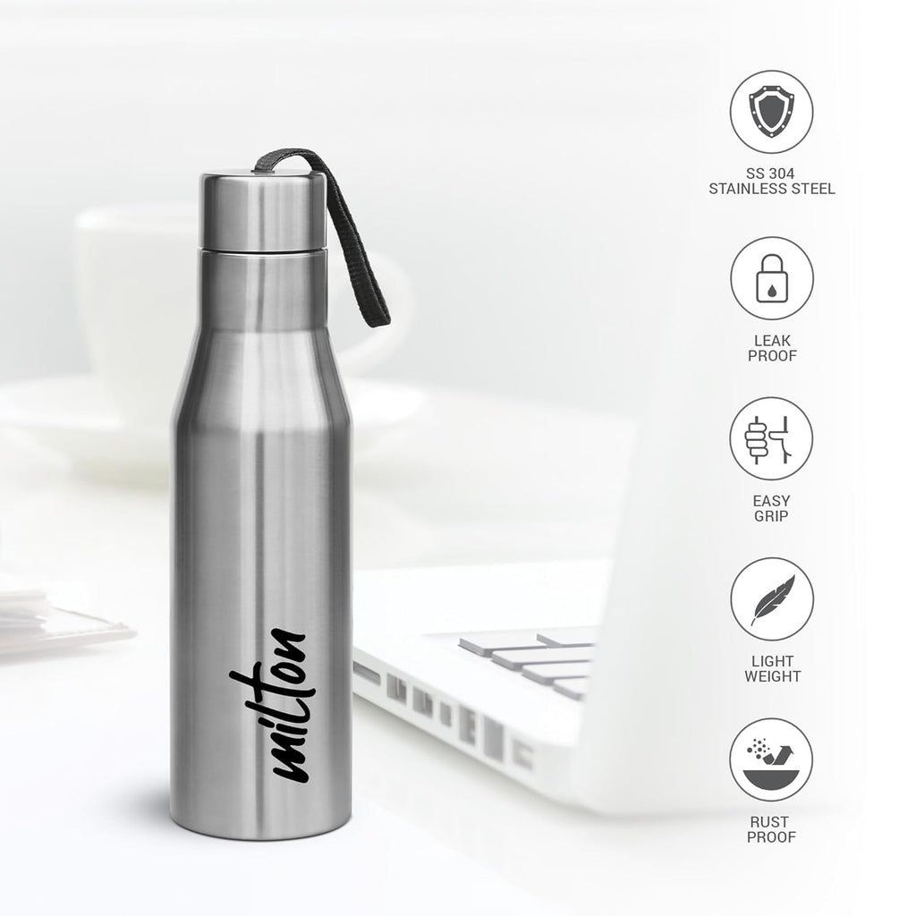 MILTON Super 750 Stainless Steel Water Bottle 650 ml, Single Walled, ISI Certified I Leak Proof Lid, Rust Proof I For School, Office, Gym I Silver
