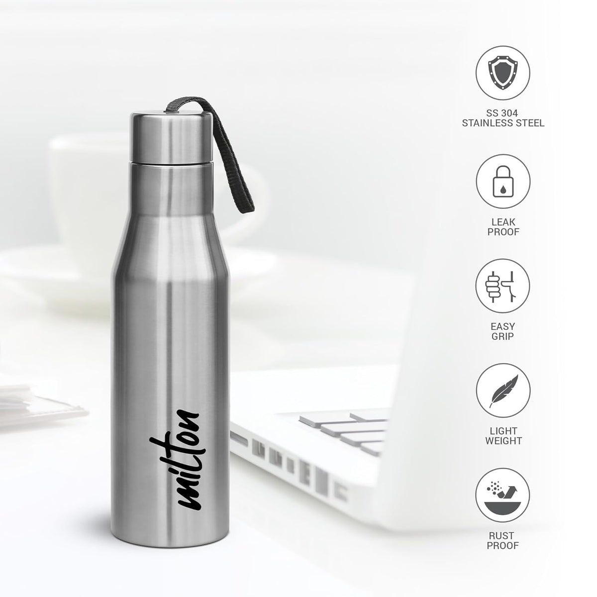 MILTON Super 750 Stainless Steel Water Bottle 650 ml, Single Walled, ISI Certified I Leak Proof Lid, Rust Proof I For School, Office, Gym I Silver