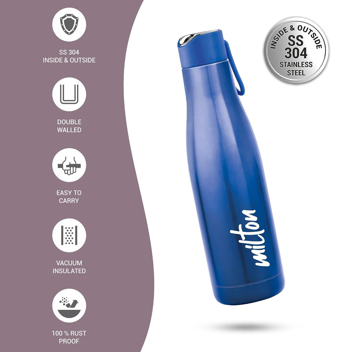 Milton Fame 1000 Thermosteel Water Bottle 880 ml, 24 Hr Hot and Cold I Leak Proof Lid, ISI Certified I Vacuum Insulated I for Office, Gym, School I Blue