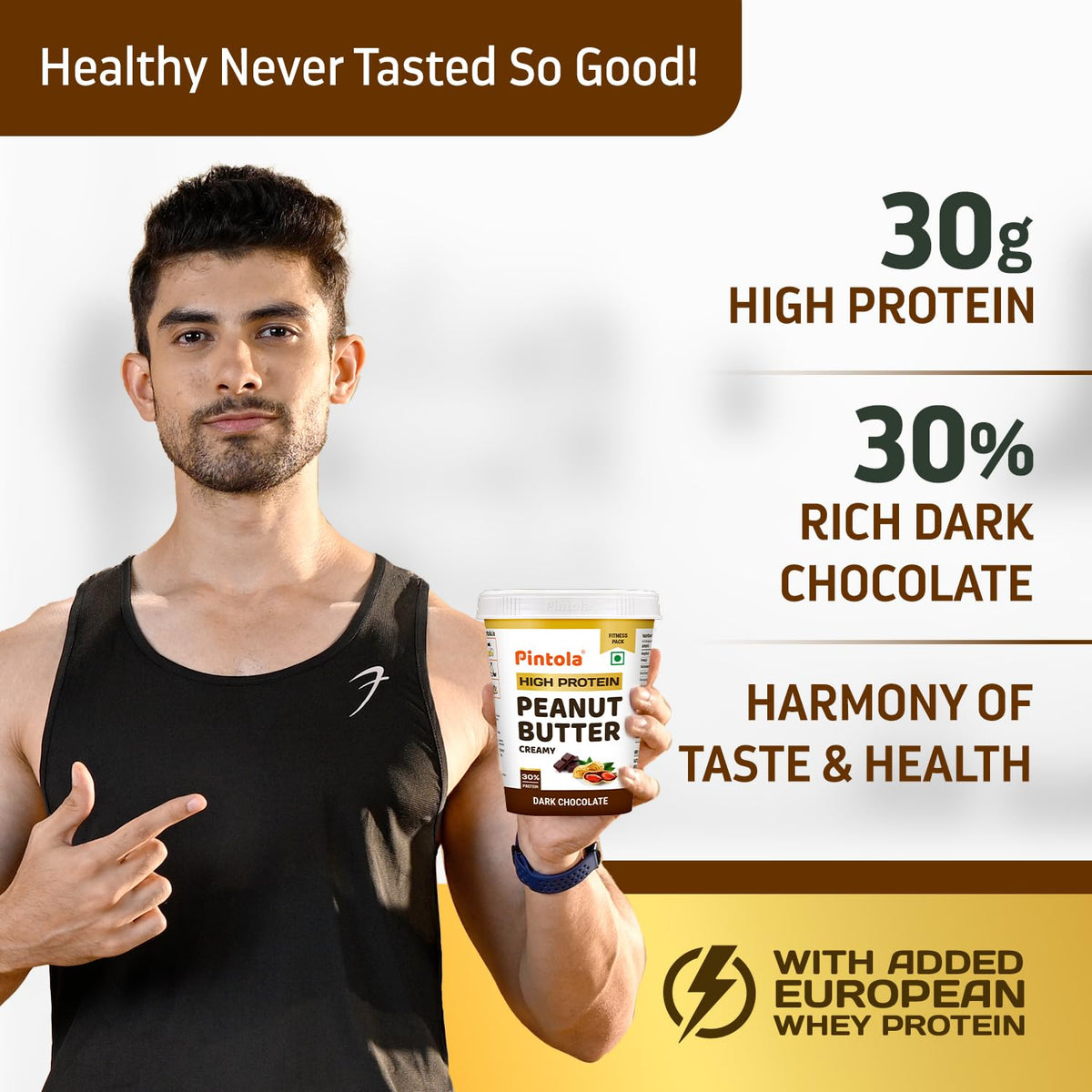 Pintola High-Protein Combo: Dark Chocolate Crunchy Peanut Butter 510g & 22g High Protein Dark Chocolate Oats 400g | No Refined Sugar, Gluten-Free | With Almonds, Raisins, Pumpkin & Chia Seeds