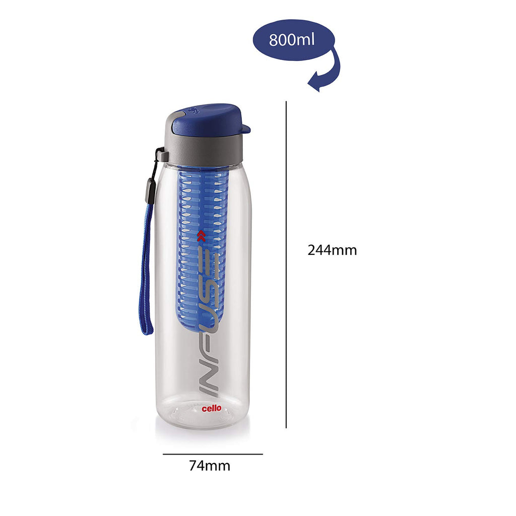 CELLO Fruit Infuser Water Bottle 800ml, Blue | Wide Sealed Flip-Top Cap, Leak-Proof & Durable | Airtight, Reusable | Detox Infuser Bottle for Fridge, Gym, Office, Travel, Kitchen & Trekking