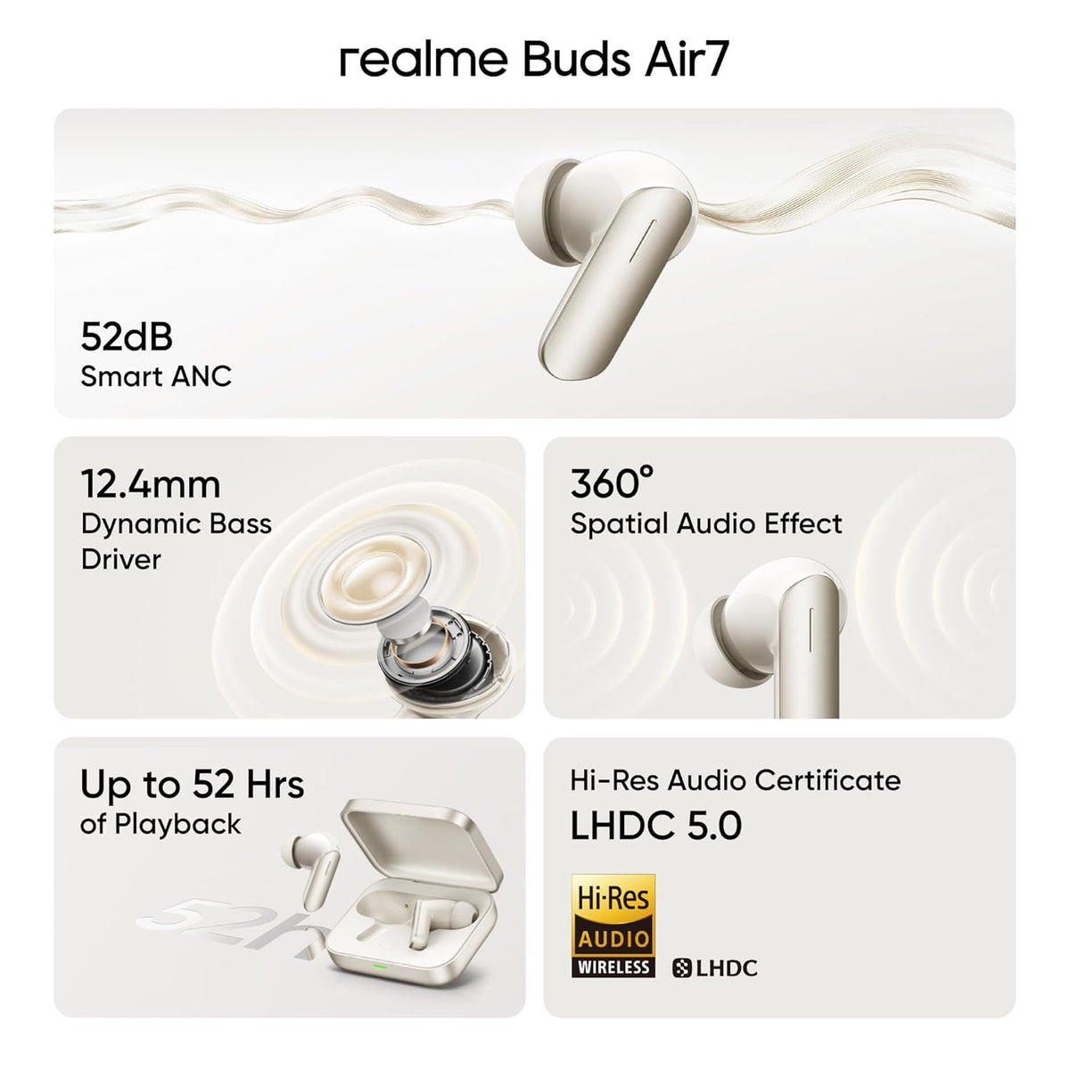 realme Buds Air 7,12.4mm Dynamic Bass Drivers,52Hrs Playtime,52dB Hybrid ANC,6 Mic ENC,45ms Low Latency,360° Spatial Audio,Hi-Res LHDC,IP55 Dust & Water Resistant,True Wireless TWS BT v5.4(Ivory Gold)