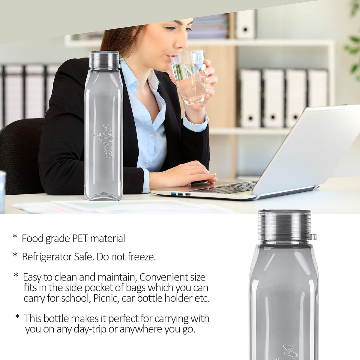 MILTON Prime Water Bottles Pack of 3, 1 Litre Each, Grey, Reusable Plastic Fridge Bottle Set, BPA Free and Leak Proof Waterbottles for School, Travel, Work