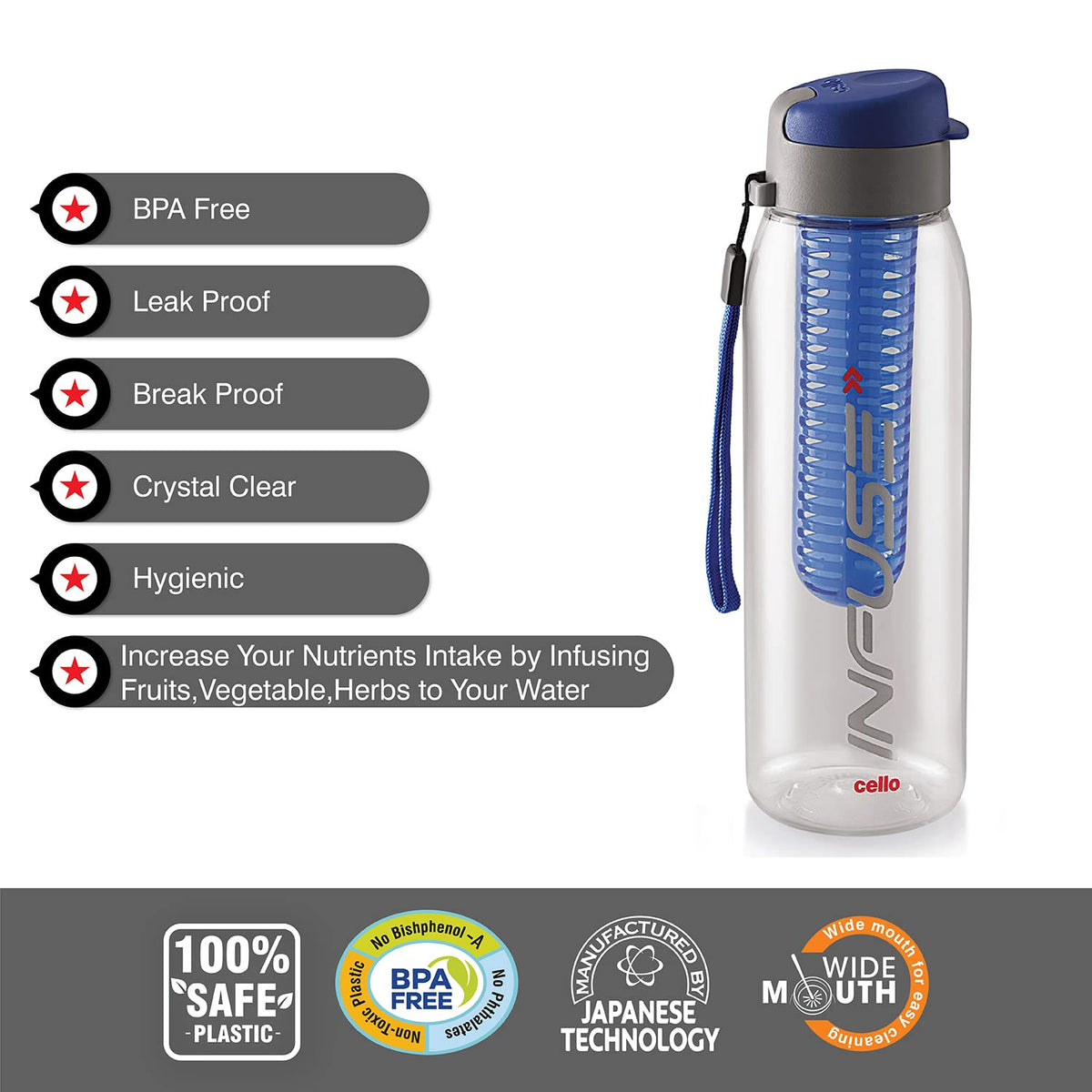 CELLO Fruit Infuser Water Bottle 800ml, Blue | Wide Sealed Flip-Top Cap, Leak-Proof & Durable | Airtight, Reusable | Detox Infuser Bottle for Fridge, Gym, Office, Travel, Kitchen & Trekking