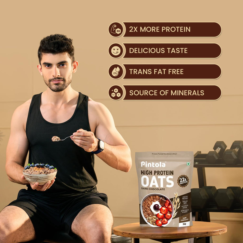 Pintola High-Protein Combo: Dark Chocolate Crunchy Peanut Butter 510g & 22g High Protein Dark Chocolate Oats 400g | No Refined Sugar, Gluten-Free | With Almonds, Raisins, Pumpkin & Chia Seeds