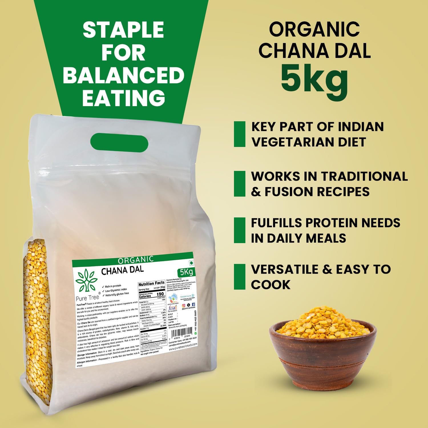 Pure Tree Certified Organic Chana Dal | 5 Kg