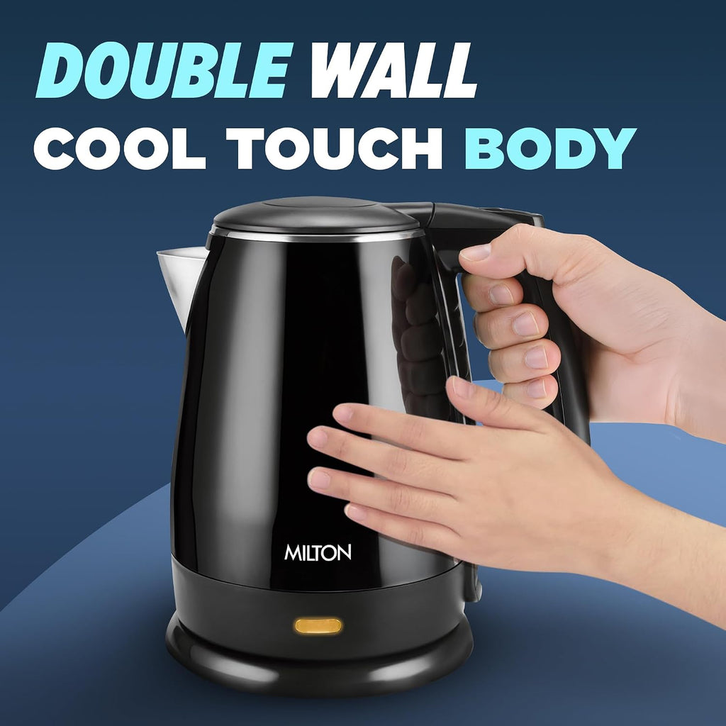 MILTON Riga Stainless Steel Electric Kettle 1.5L I 1500W Fast Boiling | Boil Dry Protection I Auto Cut-Off I Double Wall Body With Cool-touch Handle I SS304 Steel I 1 Year Warranty I Black