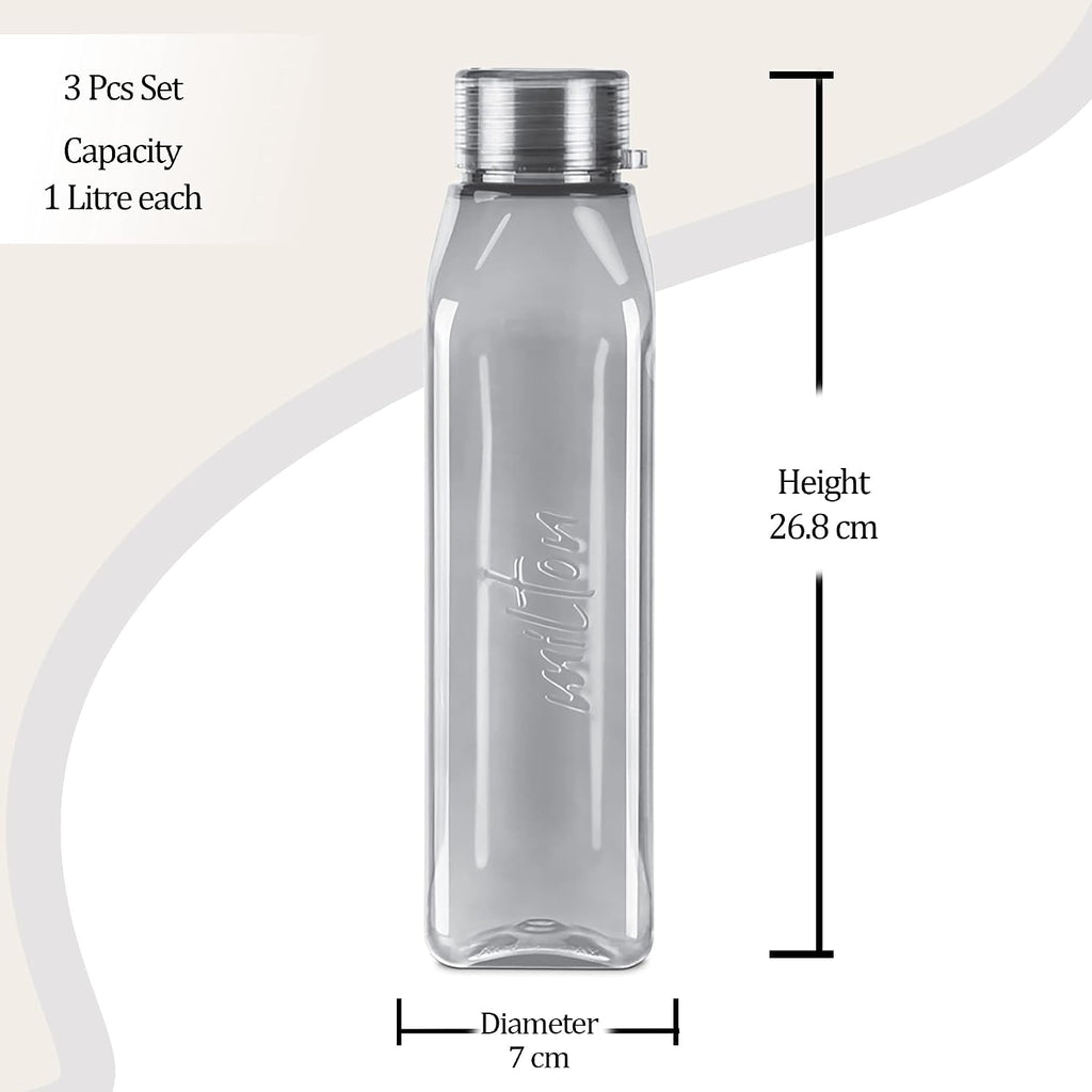 MILTON Prime Water Bottles Pack of 3, 1 Litre Each, Grey, Reusable Plastic Fridge Bottle Set, BPA Free and Leak Proof Waterbottles for School, Travel, Work