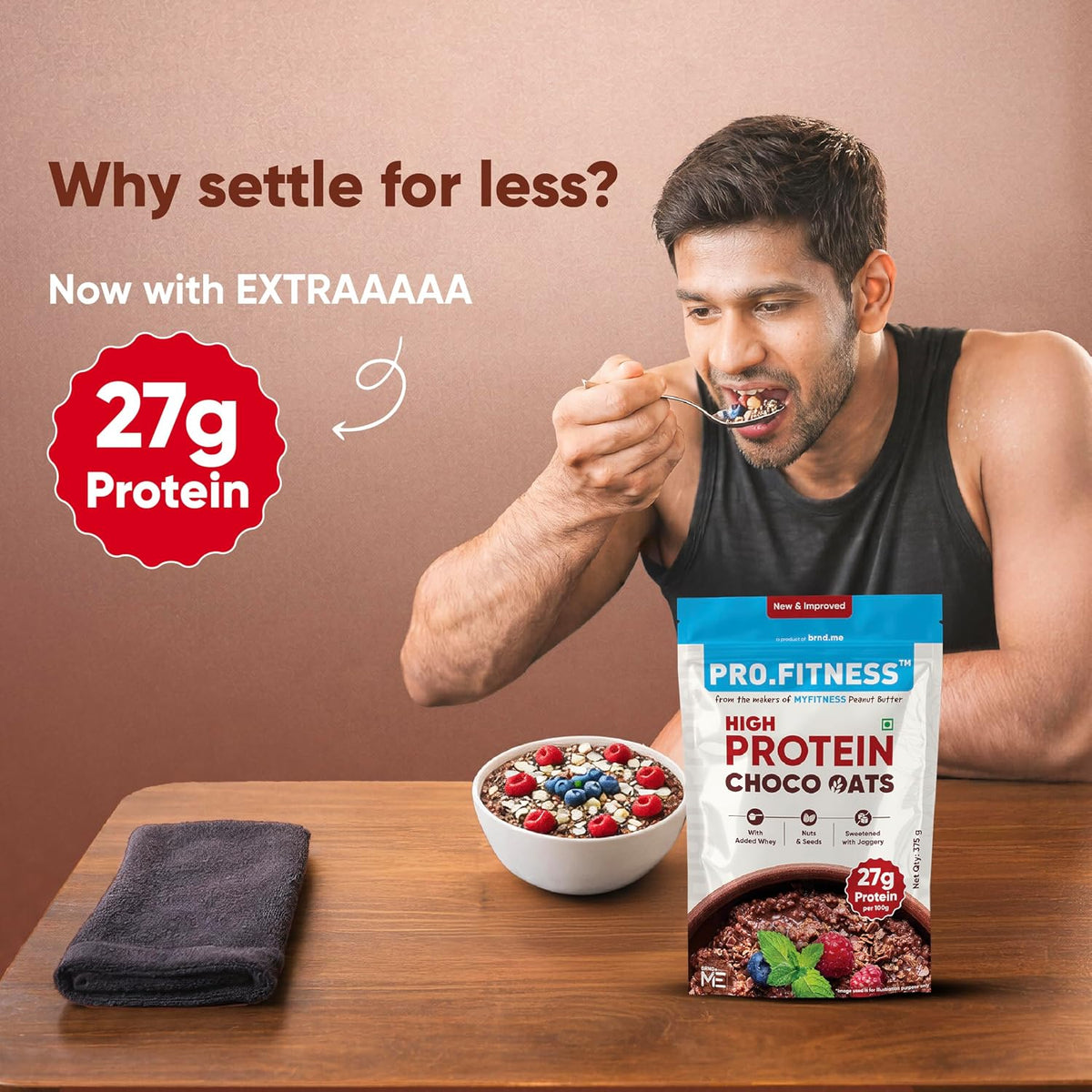 Pro.Fitness 27g High Protein Oats (By MyFitness) | Dark Chocolate Oats with Almonds, Pumpkin Seeds and Raisin | Chocolate Rolled Oats with Jaggery - No...