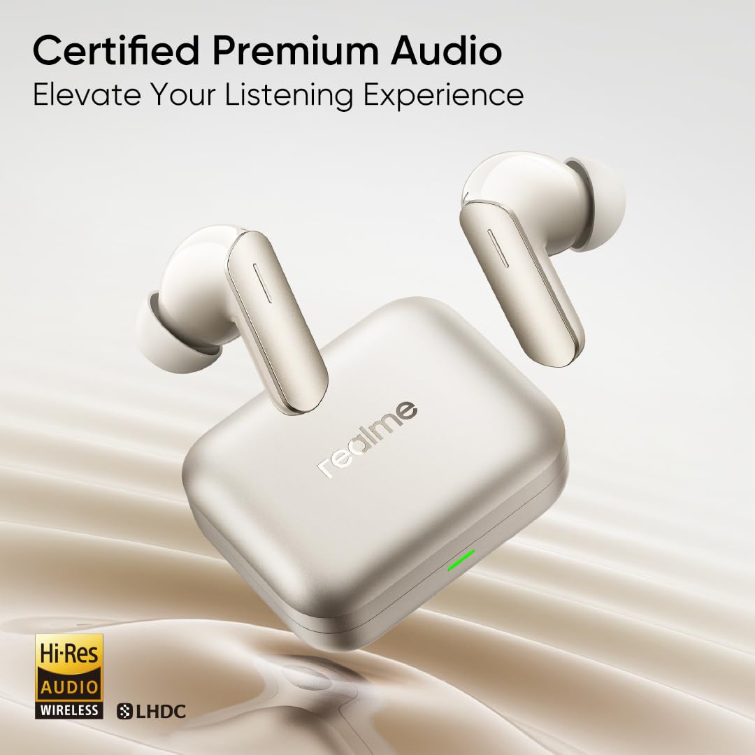 realme Buds Air 7,12.4mm Dynamic Bass Drivers,52Hrs Playtime,52dB Hybrid ANC,6 Mic ENC,45ms Low Latency,360° Spatial Audio,Hi-Res LHDC,IP55 Dust & Water Resistant,True Wireless TWS BT v5.4(Ivory Gold)