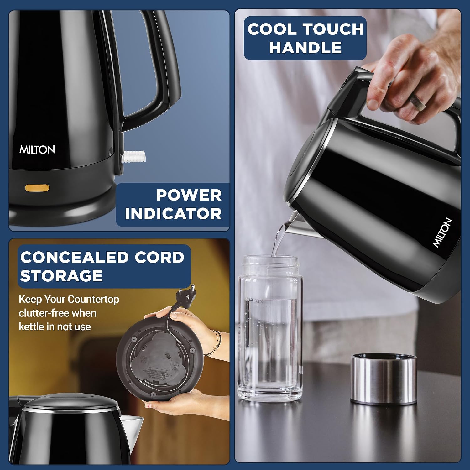 MILTON Riga Stainless Steel Electric Kettle 1.5L I 1500W Fast Boiling | Boil Dry Protection I Auto Cut-Off I Double Wall Body With Cool-touch Handle I SS304 Steel I 1 Year Warranty I Black