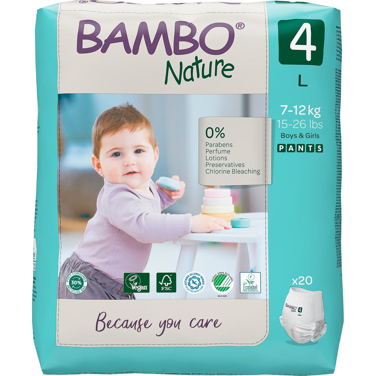 Bambo Nature Premium Baby Diapers - Pants Style, Large Size (7-12 Kgs), 20 Count - Super Absorbent Toilet Training Pull Ups with Wetness Indicator for Kids from 5-12 Months