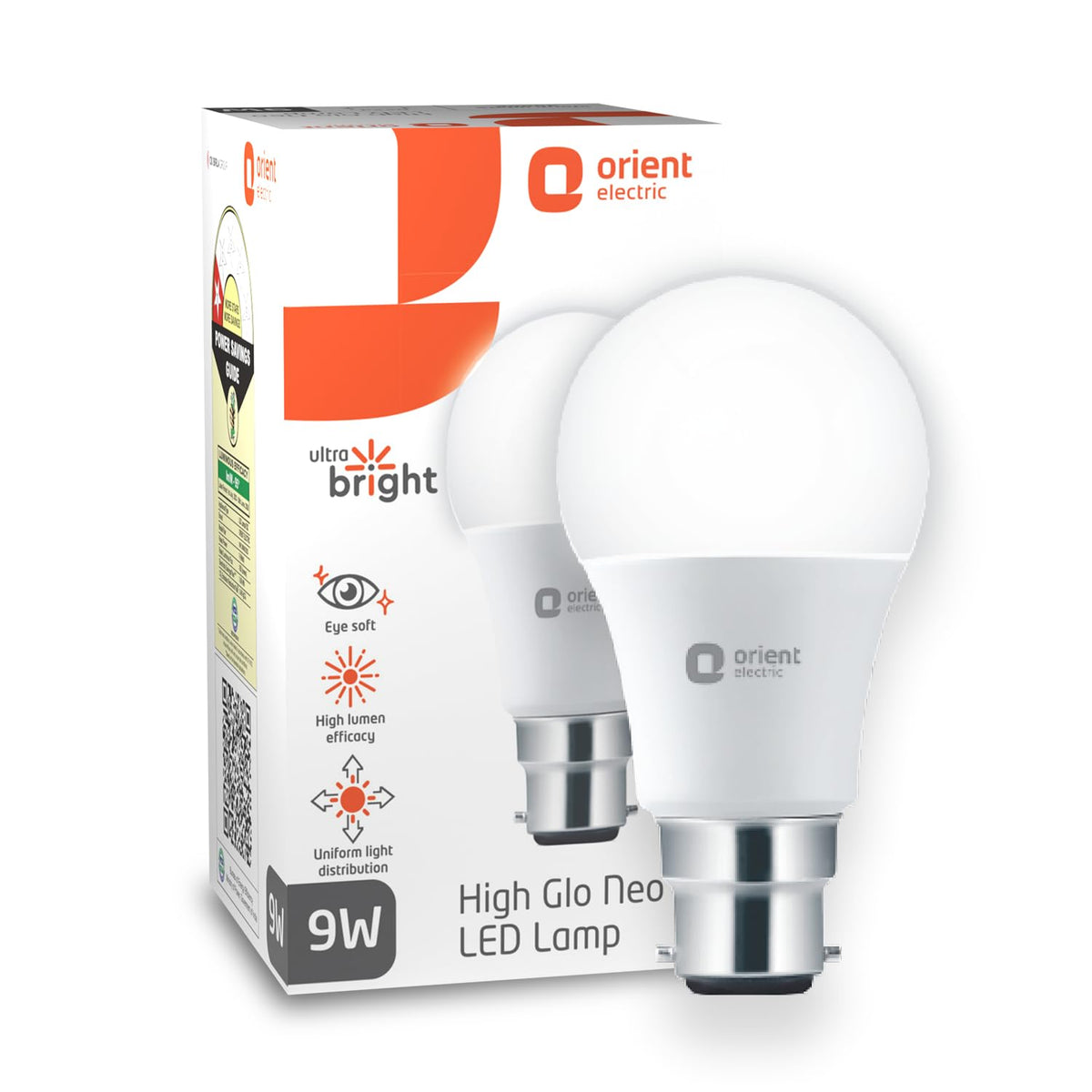 Orient Electric Polycarbonate High Glo Led Lamp 9W, (Warm White, 3000K, B22 - Pack Of 1)