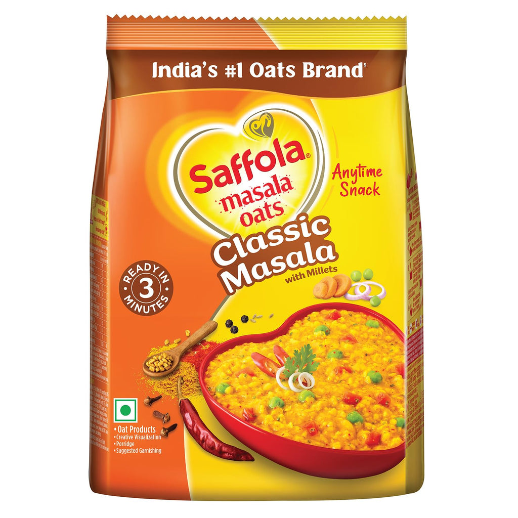 Saffola Masala Oats Classic Masala | 250g |Tasty, Anytime Snack | Ready in 3 mins | Millets Goodness- with Bajra & Jowar | No maida, No added preservatives | helps manage weight