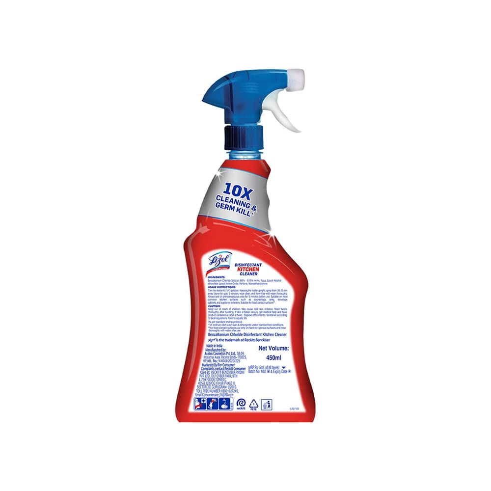 Lizol Kitchen Cleaner Spray - 450 ml | Suitable for all Kitchen Surfaces, Gas Stove, Countertop, Tiles, Chimney and Sink | Kills 99.9% germs