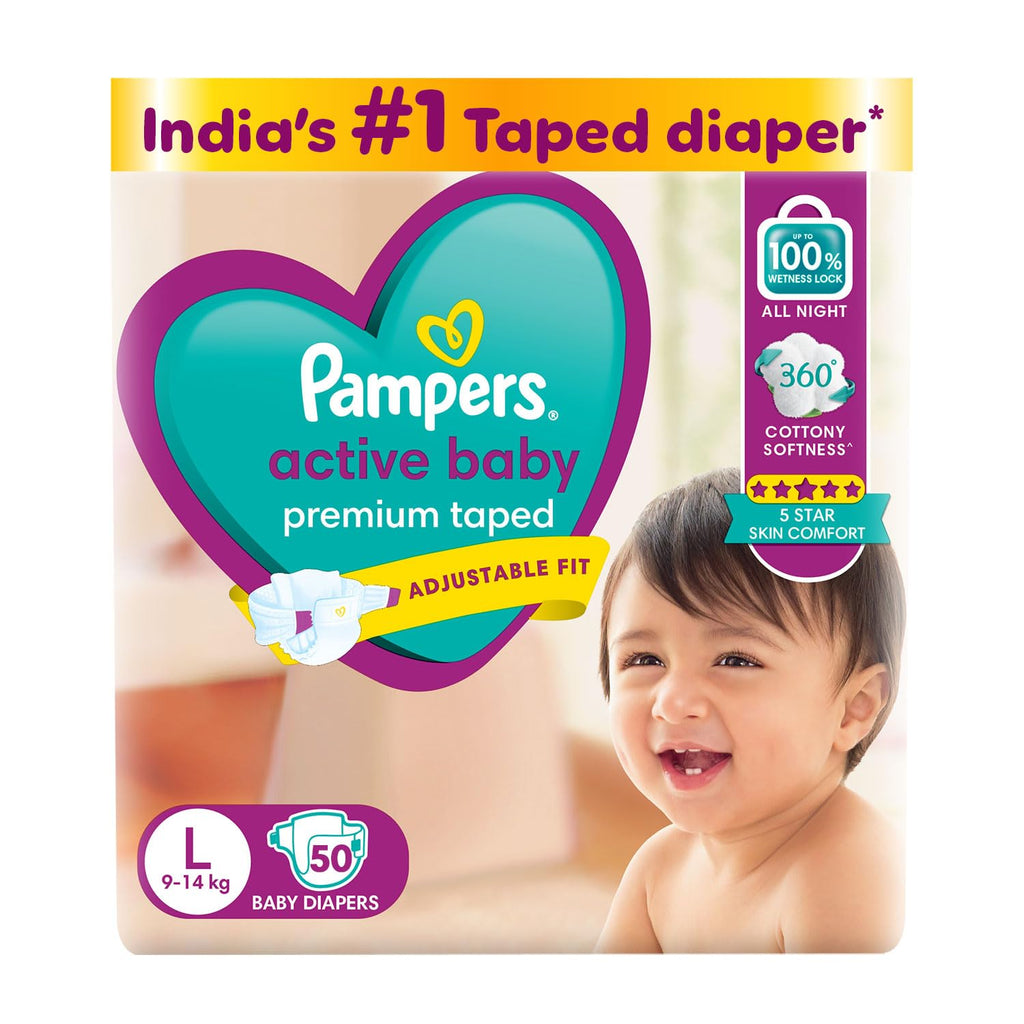 Pampers Active Baby Taped Diapers, Large size diapers, (L) 50 count, taped style custom fit