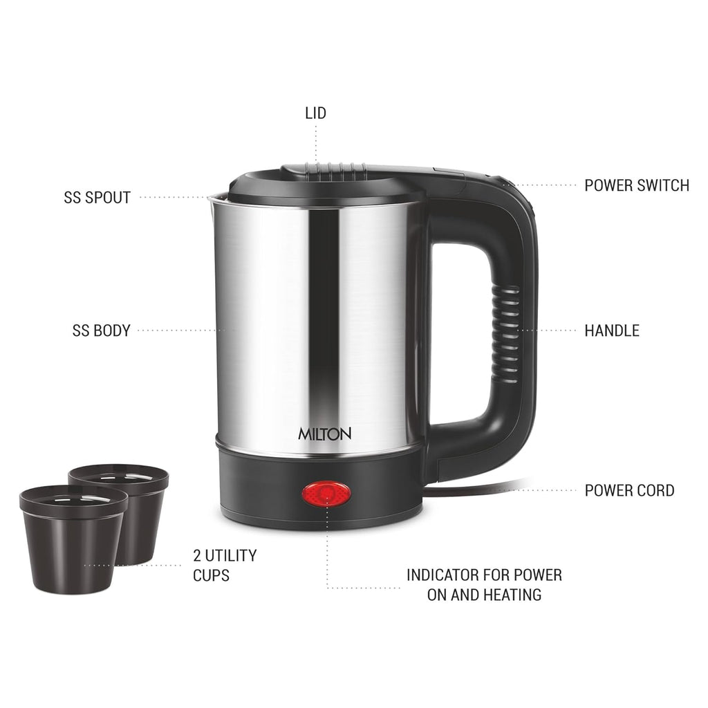 MILTON Stainless Steel Euroline Electric Travel Kettle With Handle, 1000 Watt, 500 Ml | 2 Utility Cups | Auto Shut-Off | Concealed Heating Element | Power Indicator |1Year Warranty, Silver