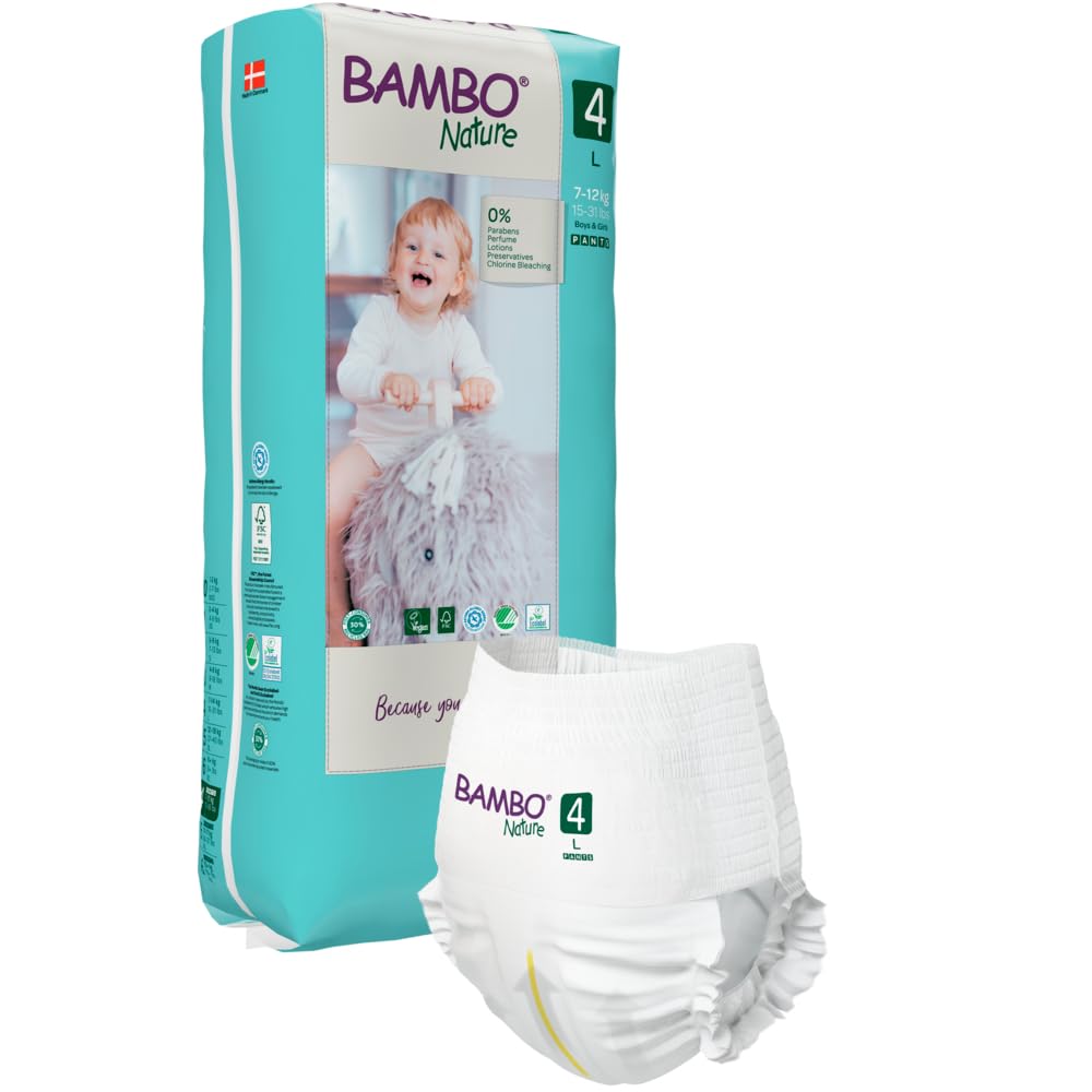 Bambo Nature Premium Baby Pants Diapers for Kids Large Size (7-12 Kgs), Super Absorbent, Breathable, Extra Soft, Dermatologically Tested, Hypoallergenic Infant Nappies With Wetness Indicator, 40 Count