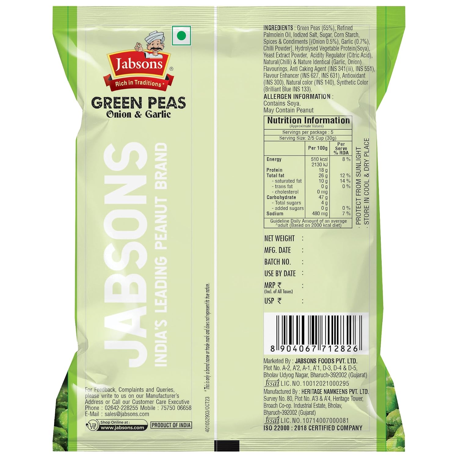 Jabsons Green Peas Onion &amp; Garlic – 150g |