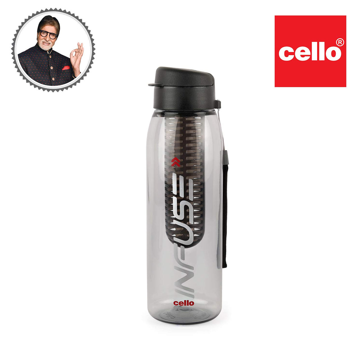 CELLO Fruit Infuser Water Bottle 800ml, Black | Wide Sealed Flip-Top Cap, Leak-Proof & Durable | Airtight, Reusable | Detox Fruit Infuser Bottle for Fridge, Gym, Office, Travel, Kitchen & Trekking