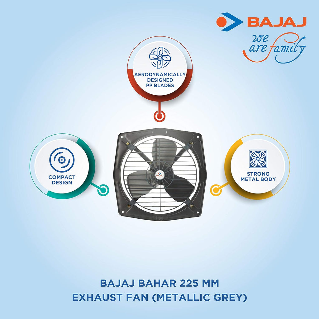 Bajaj Bahar 225 MM Exhaust Fan | High Speed | High Air Delivery | Strong Metal Body | Rust-Proof Body | Low Energy Consumption | Easy To Mount | 2 Yrs Warranty 【Metallic Grey】