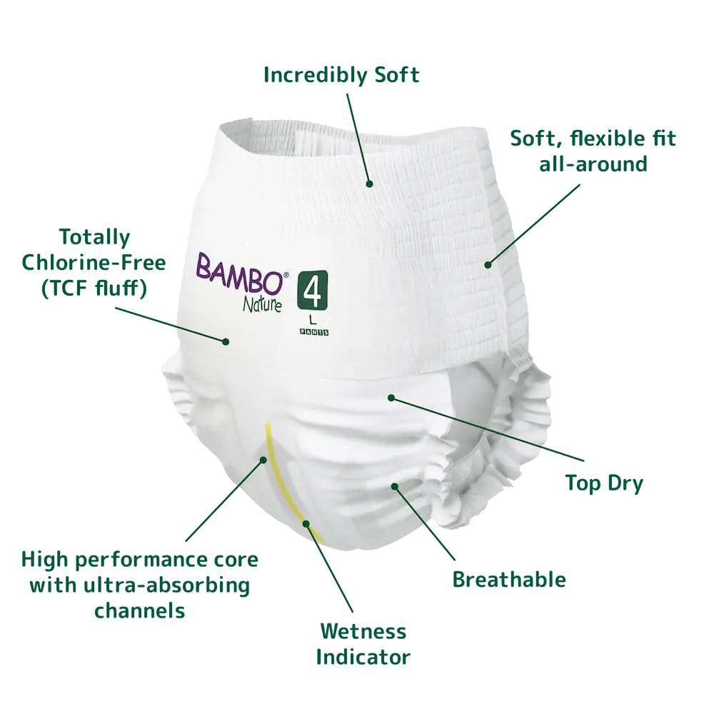 Bambo Nature Premium Baby Pants Diapers for Kids Large Size (7-12 Kgs), Super Absorbent, Breathable, Extra Soft, Dermatologically Tested, Hypoallergenic Infant Nappies With Wetness Indicator, 40 Count