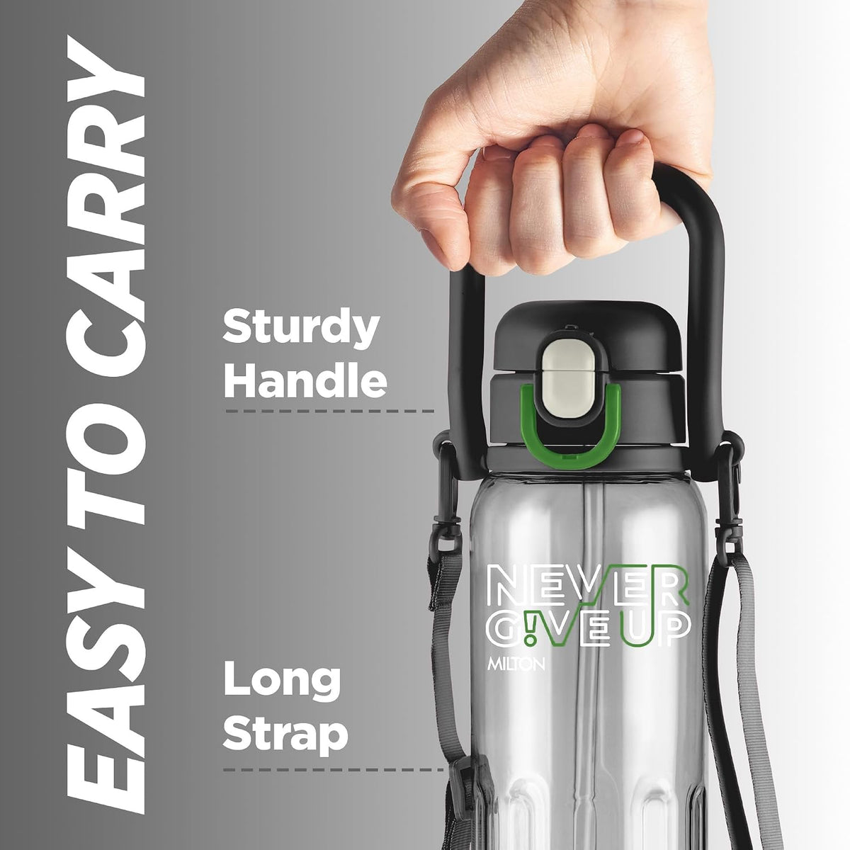MILTON Regan 850 2-in-1 Lid Sip or Gulp Water Bottle | Sturdy Handle And Strap I BPA Free| Food-Grade | One-Touch Open | Leak-Proof | Ideal for Office, School, College, Gym | 836ml, Black