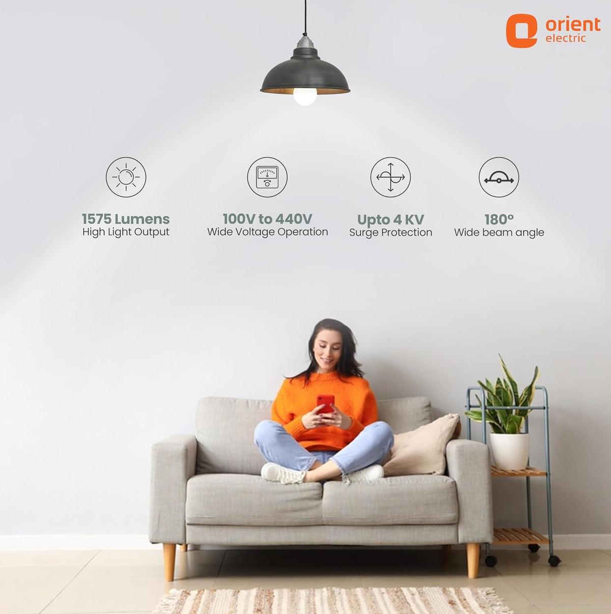 Orient Electric 15W High Glow LED bulb| 180-degree wide beam angle| Voltage surge protection up to 4 kV| 6500K, Cool White| B22d base| Made in India| Pack of 1