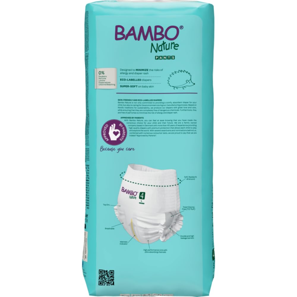 Bambo Nature Premium Baby Pants Diapers for Kids Large Size (7-12 Kgs), Super Absorbent, Breathable, Extra Soft, Dermatologically Tested, Hypoallergenic Infant Nappies With Wetness Indicator, 40 Count