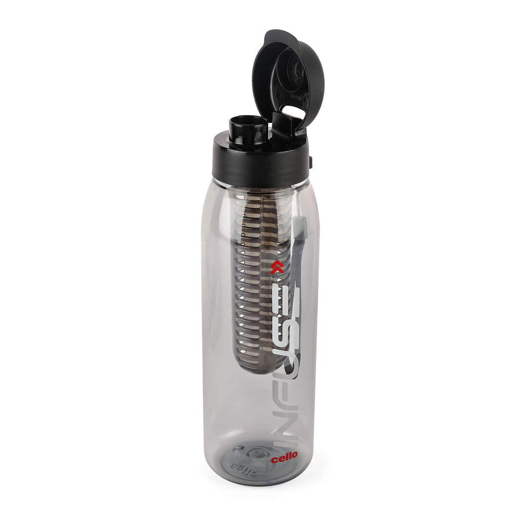 CELLO Fruit Infuser Water Bottle 800ml, Black | Wide Sealed Flip-Top Cap, Leak-Proof & Durable | Airtight, Reusable | Detox Fruit Infuser Bottle for Fridge, Gym, Office, Travel, Kitchen & Trekking