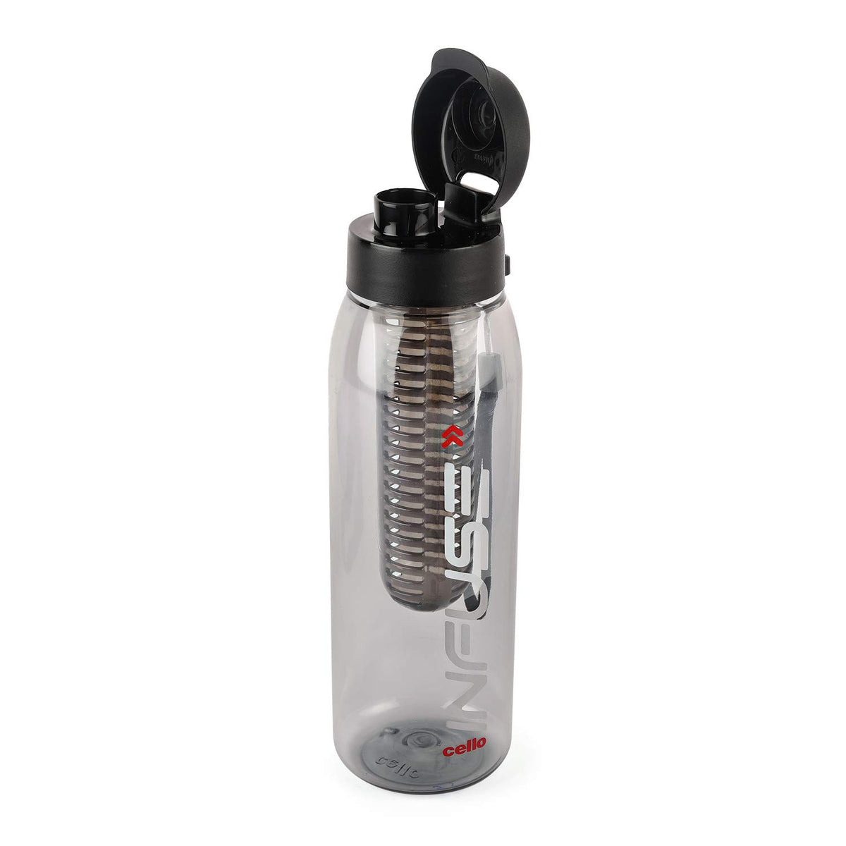 CELLO Fruit Infuser Water Bottle 800ml, Black | Wide Sealed Flip-Top Cap, Leak-Proof & Durable | Airtight, Reusable | Detox Fruit Infuser Bottle for Fridge, Gym, Office, Travel, Kitchen & Trekking