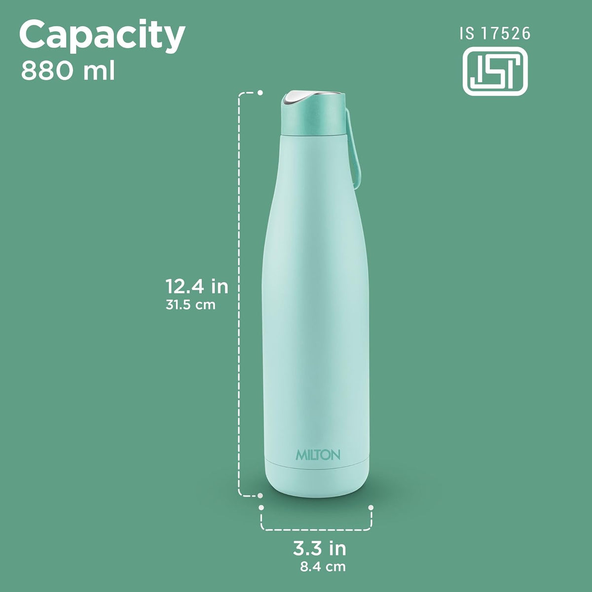Milton Fame 1000 Thermosteel Water Bottle 880 ml, 24 Hr Hot and Cold I Leak Proof Lid, ISI Certified I Vacuum Insulated I for Office, Gym, School I Aqua Green