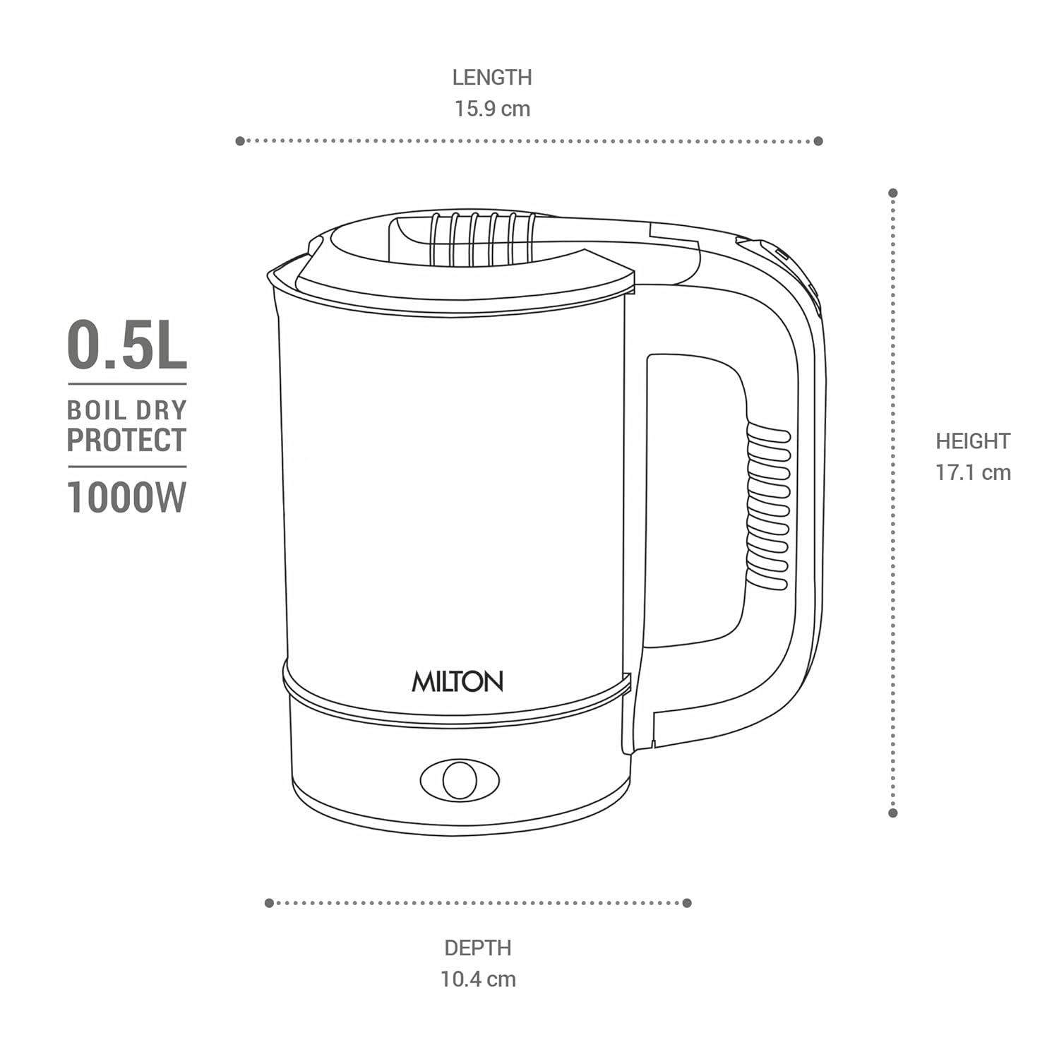 MILTON Stainless Steel Euroline Electric Travel Kettle With Handle, 1000 Watt, 500 Ml | 2 Utility Cups | Auto Shut-Off | Concealed Heating Element | Power Indicator |1Year Warranty, Silver