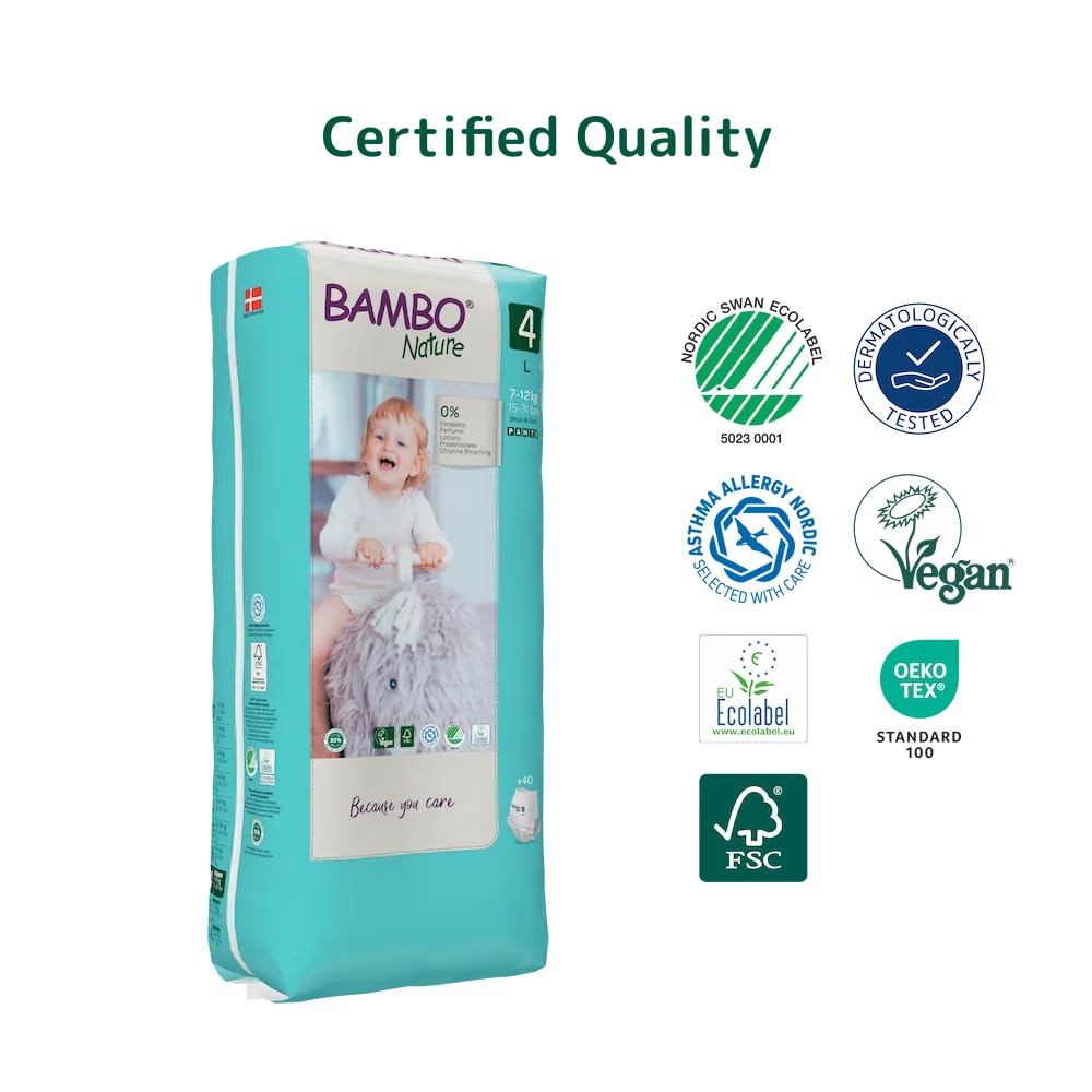 Bambo Nature Premium Baby Pants Diapers for Kids Large Size (7-12 Kgs), Super Absorbent, Breathable, Extra Soft, Dermatologically Tested, Hypoallergenic Infant Nappies With Wetness Indicator, 40 Count