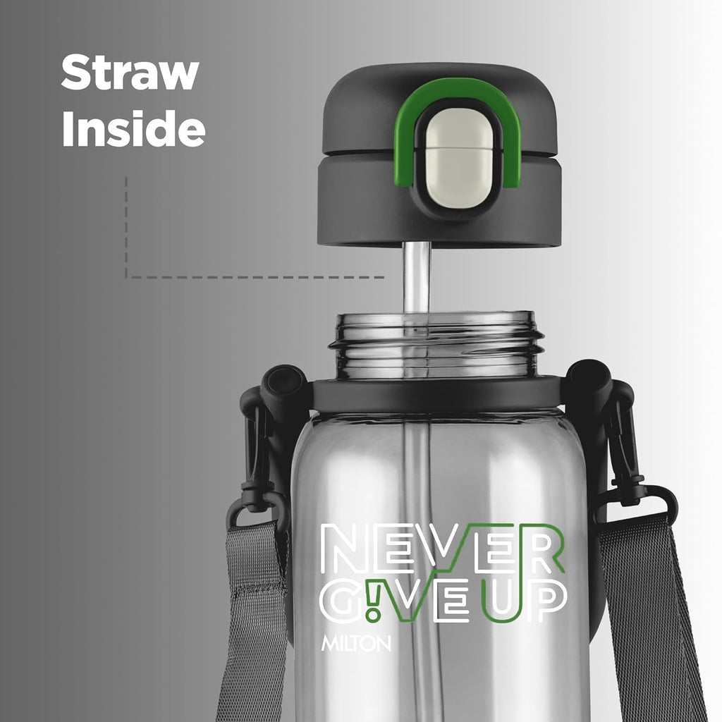 MILTON Regan 850 2-in-1 Lid Sip or Gulp Water Bottle | Sturdy Handle And Strap I BPA Free| Food-Grade | One-Touch Open | Leak-Proof | Ideal for Office, School, College, Gym | 836ml, Black