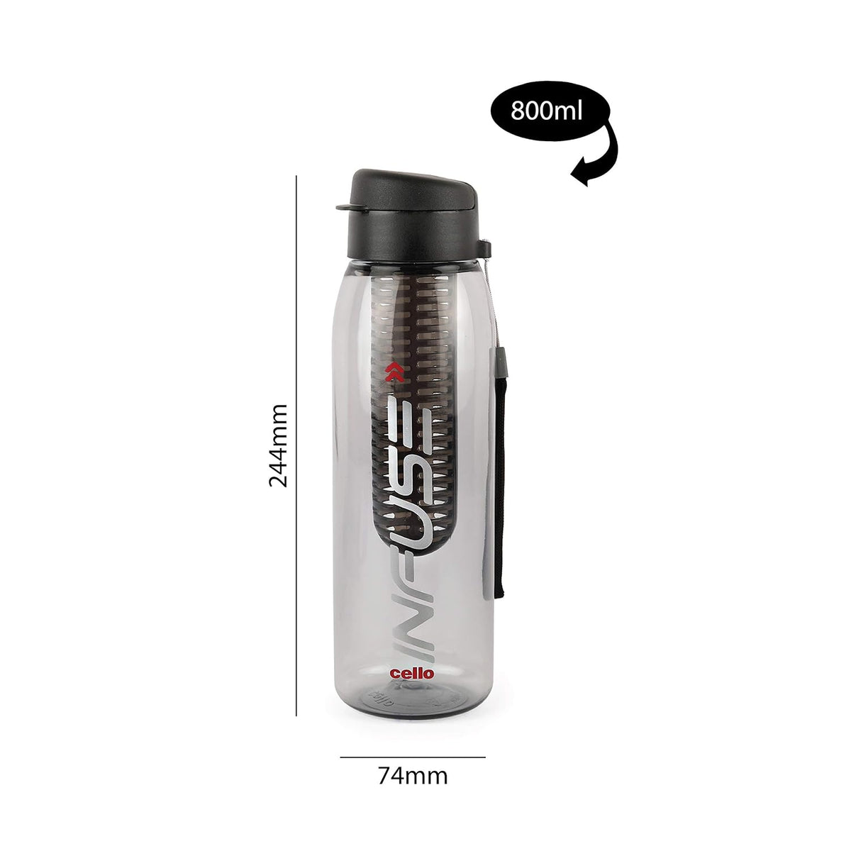CELLO Fruit Infuser Water Bottle 800ml, Black | Wide Sealed Flip-Top Cap, Leak-Proof & Durable | Airtight, Reusable | Detox Fruit Infuser Bottle for Fridge, Gym, Office, Travel, Kitchen & Trekking