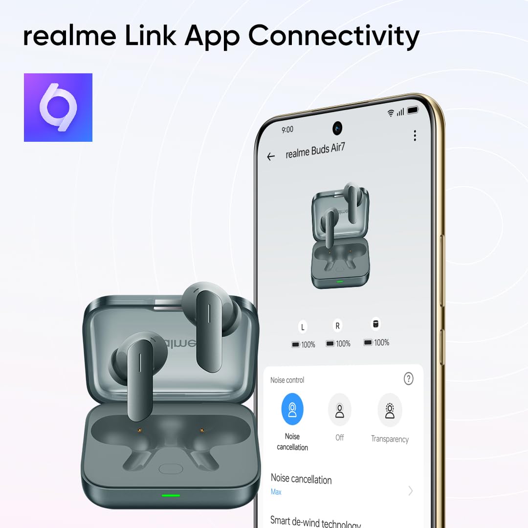 realme Buds Air 7,12.4mm Dynamic Bass Drivers,52Hrs Playtime,52dB Hybrid ANC,6 Mic ENC,45ms Low Latency,360° Spatial Audio,Hi-Res LHDC,IP55 Dust & Water Resistant,True Wireless TWS BT v5.4(Moss Green)