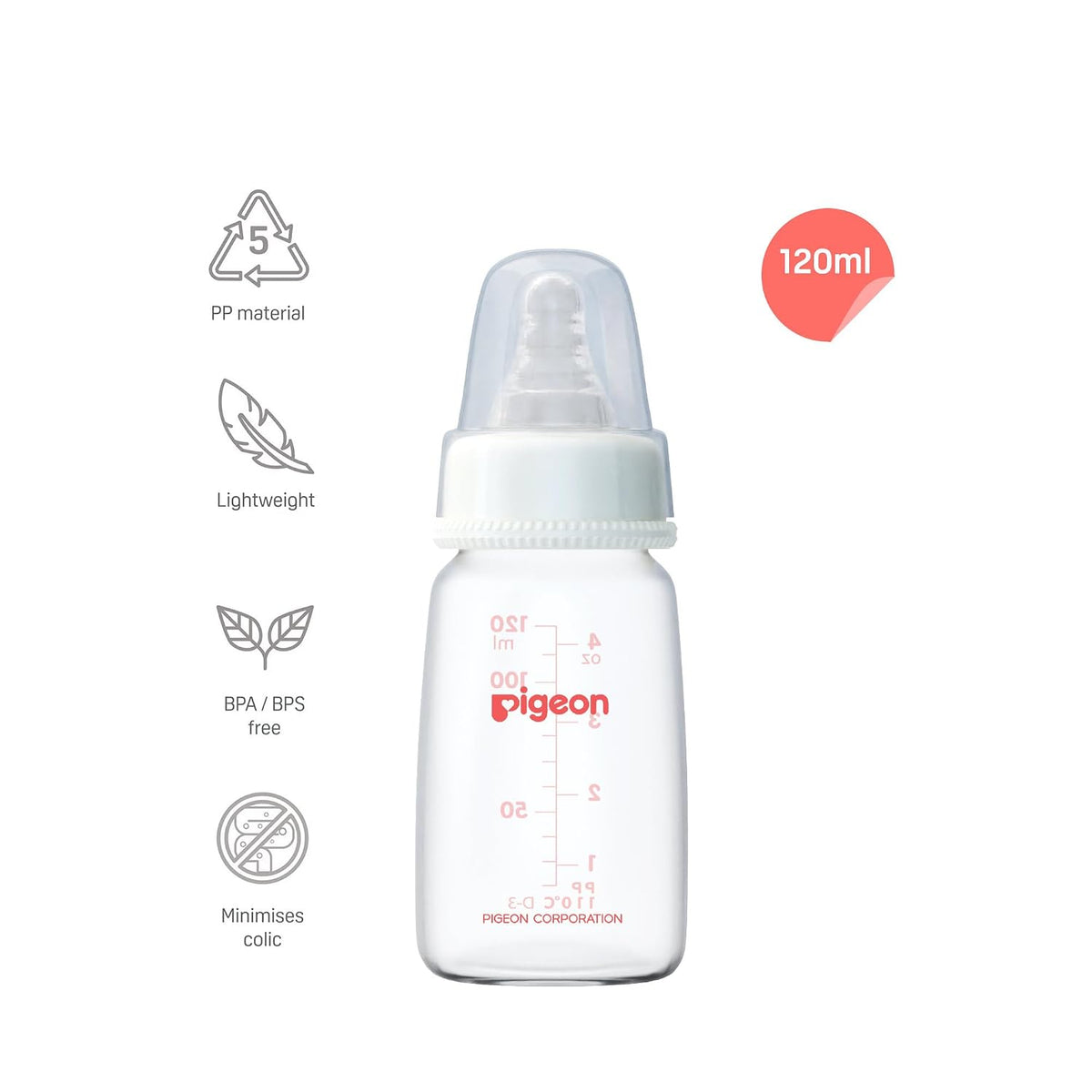 Pigeon Flexible Nursing Baby Feeding Bottle for new Born | Japan's No.1 Brand | Ideal for 0+ Month Babies | BPA Free | Anti-Colic Nipple | Transparent | 120 ml