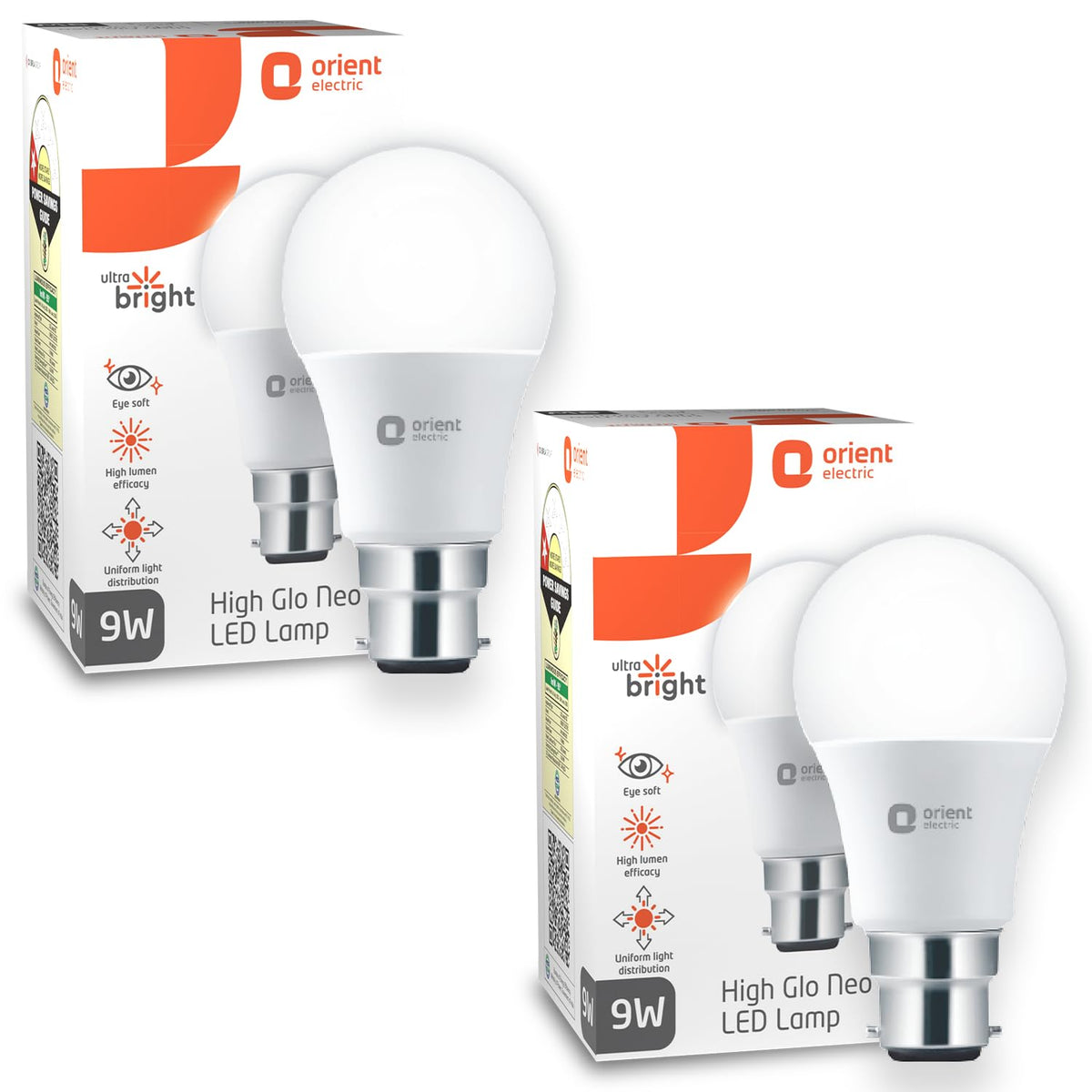 Orient Electric Polycarbonate High Glo Led Lamp 9W, (Warm White, 3000K, B22 - Pack Of 2)
