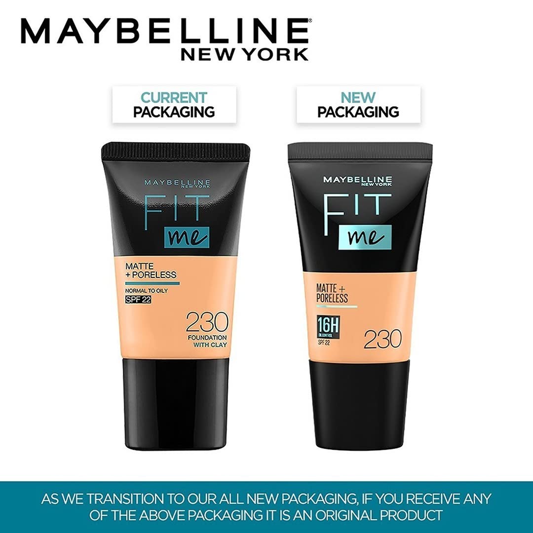 Maybelline New York Liquid Foundation, Matte & Poreless, Full Coverage Blendable Normal to Oily Skin, Fit Me, 230 Natural Buff, 18ml